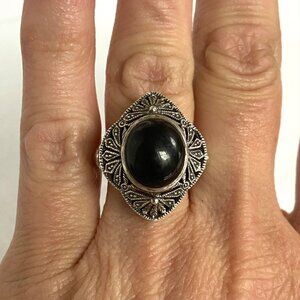 Sterling Silver 925 Thailand Scrollwork Filigree Oval Black Onyx Ring Sz 6.75